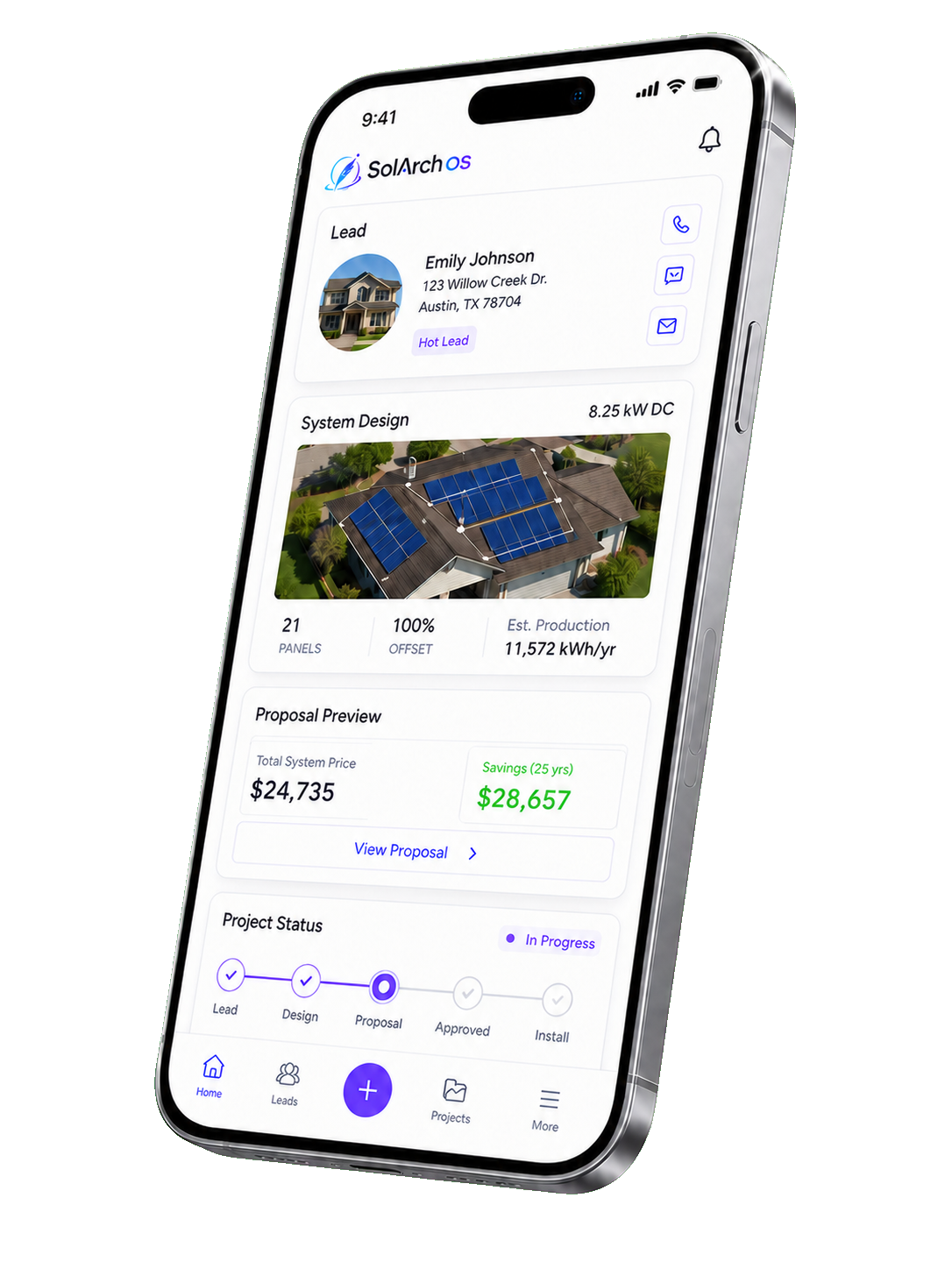 SolarArch OS mobile workflow showing leads, system design, proposal and project progress