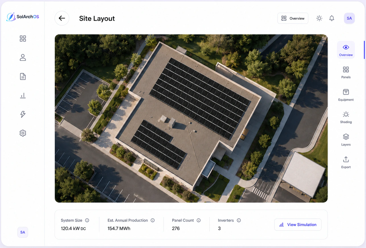 SolarArch OS site layout showing a commercial solar array