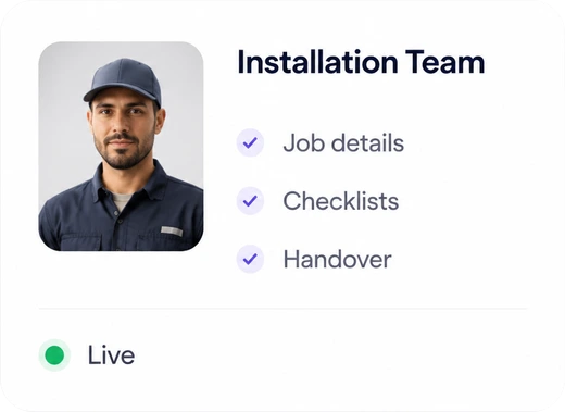 Installation team workspace with job details, checklists and handover